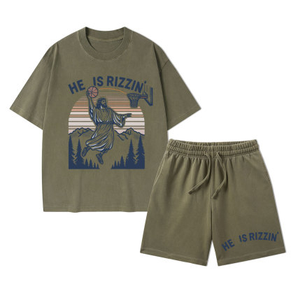 He Is Rizzen Christian Washed T-Shirt & Shorts