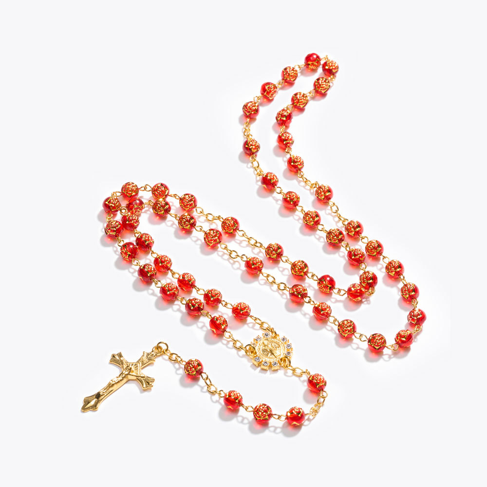 Multi-coloured foil-stamped rose bead rosary