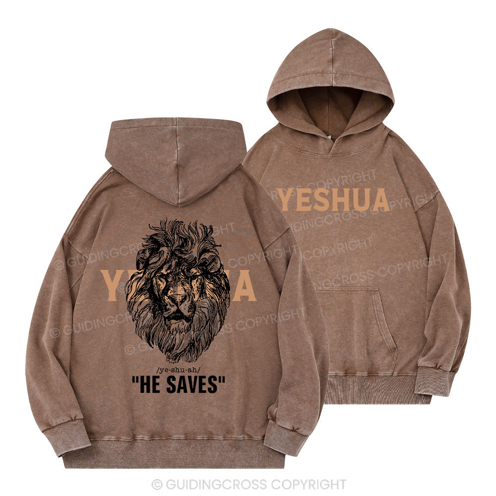 Yeshua He Saves Lion Christian Washed Hoodie 