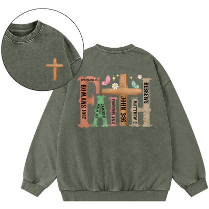 Retro Faith Cross Christian Washed Sweatshirt