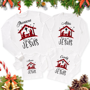 Image of Personalized Buffalo Plaid Nativity Christmas Family Matching Long Sleeve T-Shirt