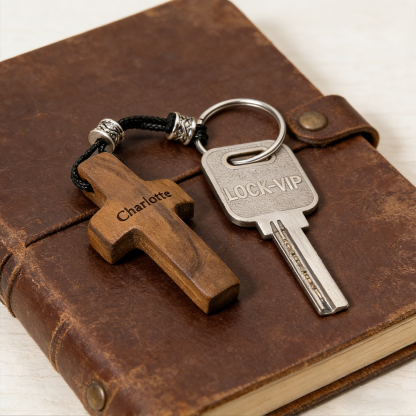 Personalized Christian Walnut Wood Cross Keychain & Handheld Prayer Piece