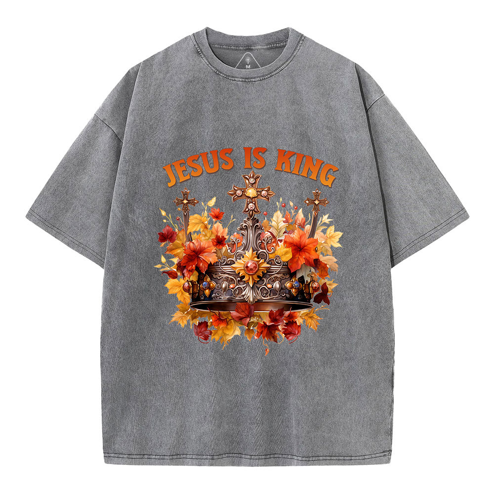Jesus-Is-King-Autumn-Faith-Christian-Washed-T-Shirt-Gray+