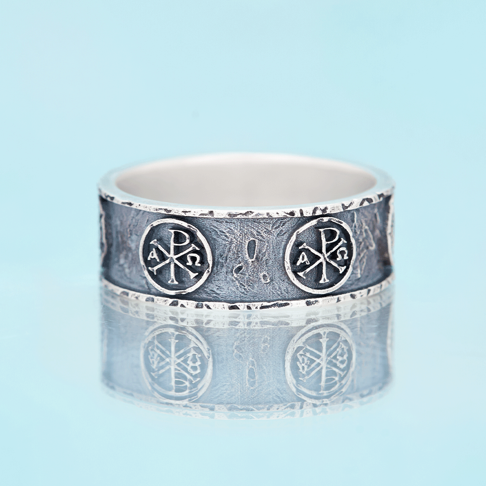 Chi Rho Alpha Omega Christian Sterling Silver Band Ring