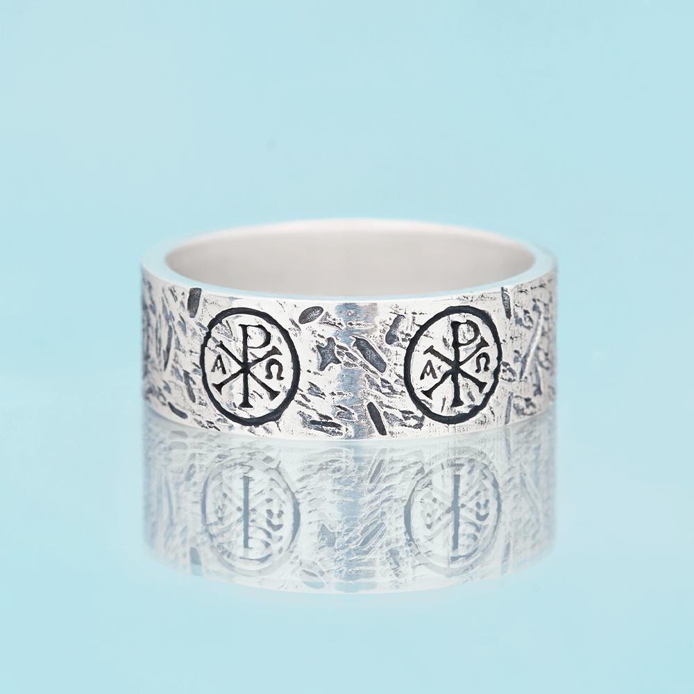 Chi Rho Alpha Omega Christian Sterling Silver Band Ring