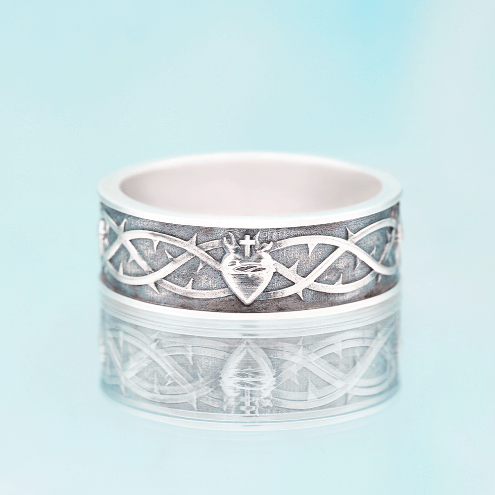 Sacred Heart of Jesus Christian Sterling Silver Band Ring