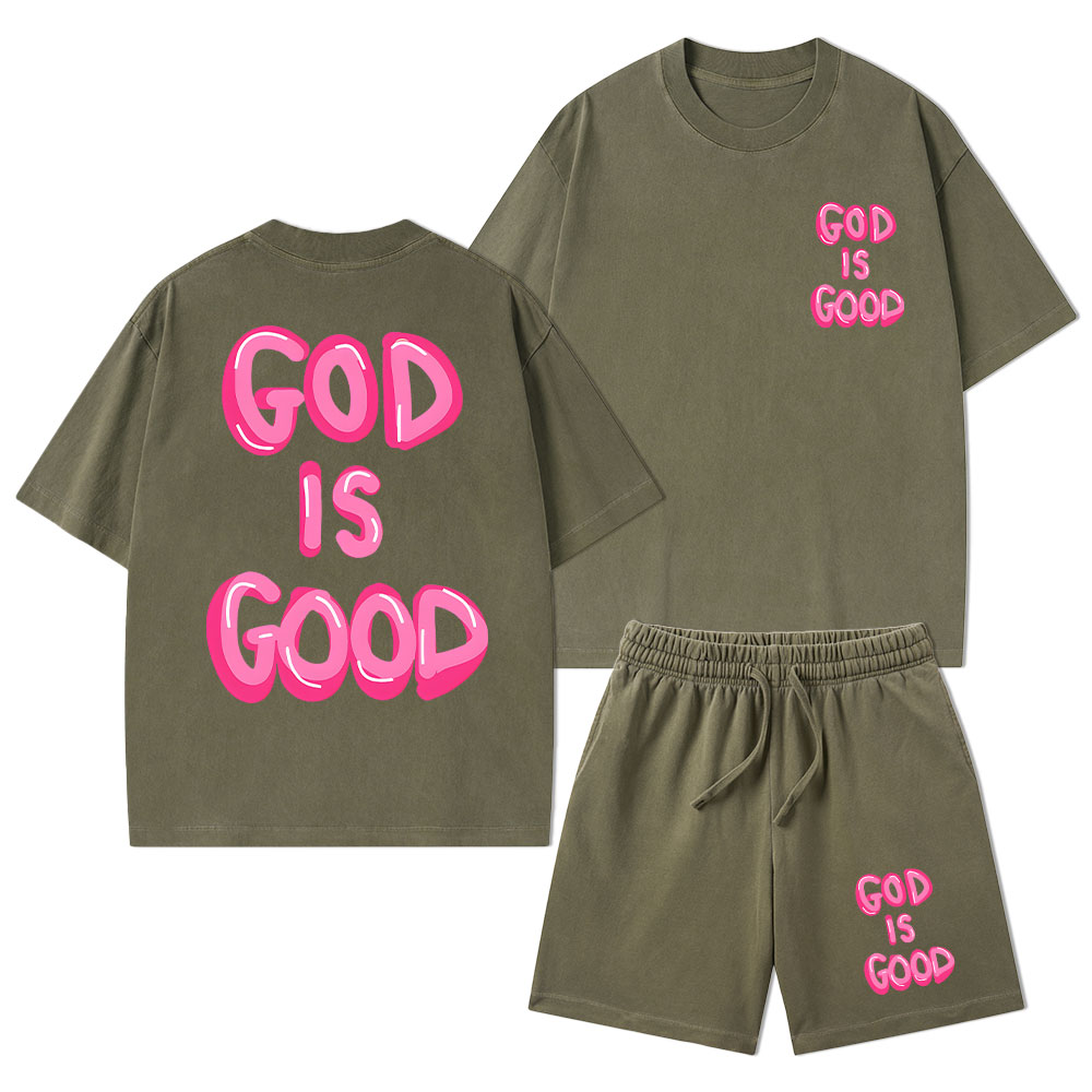 God Is Good Christian Washed T-Shirt & Shorts