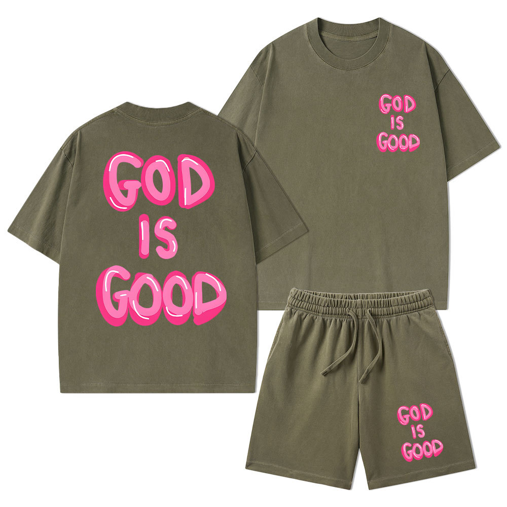 God Is Good Christian Washed T-Shirt & Shorts