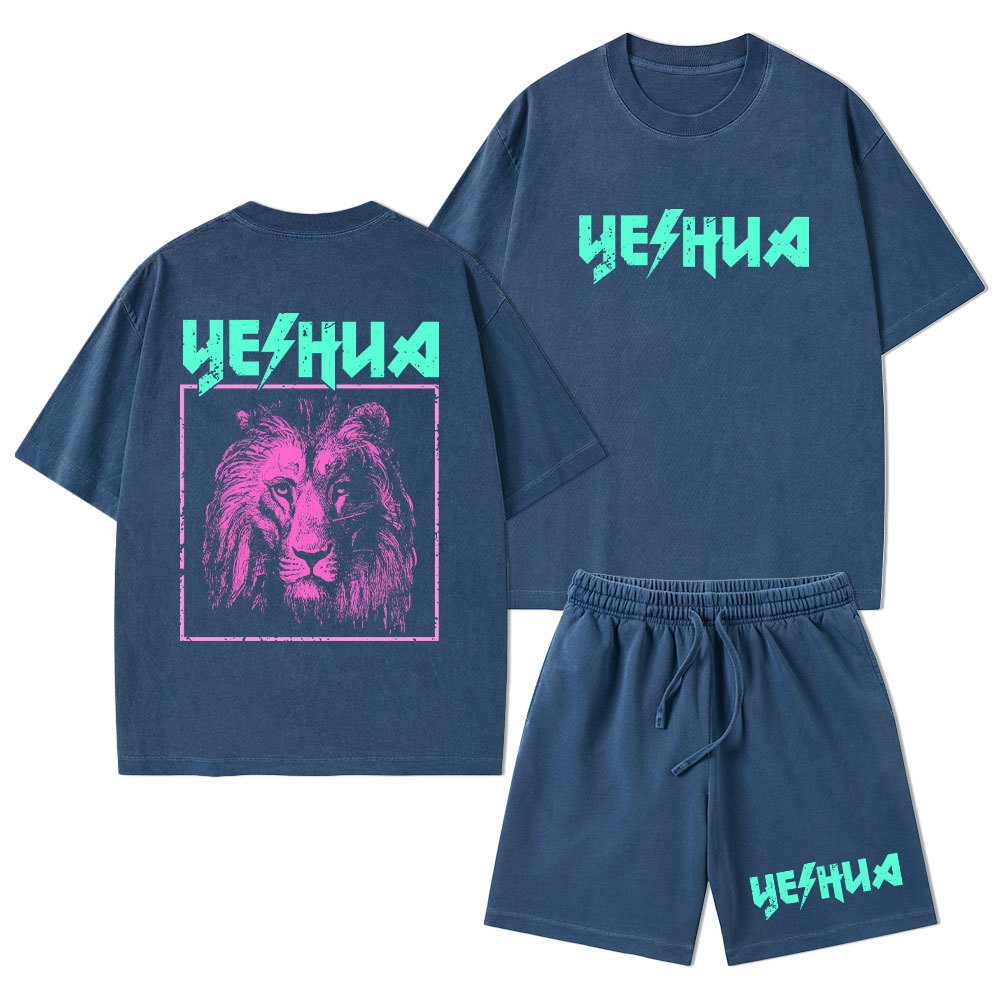 Retro Lion Yeshua Christian Washed T-Shirt & Shorts