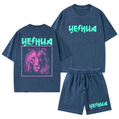 Retro Lion Yeshua Christian Washed T-Shirt & Shorts