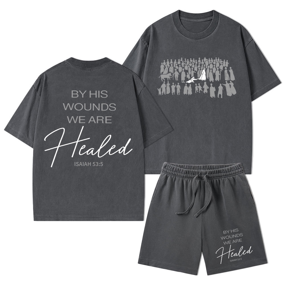 By His Wounds Christian Washed T-Shirt & Shorts
