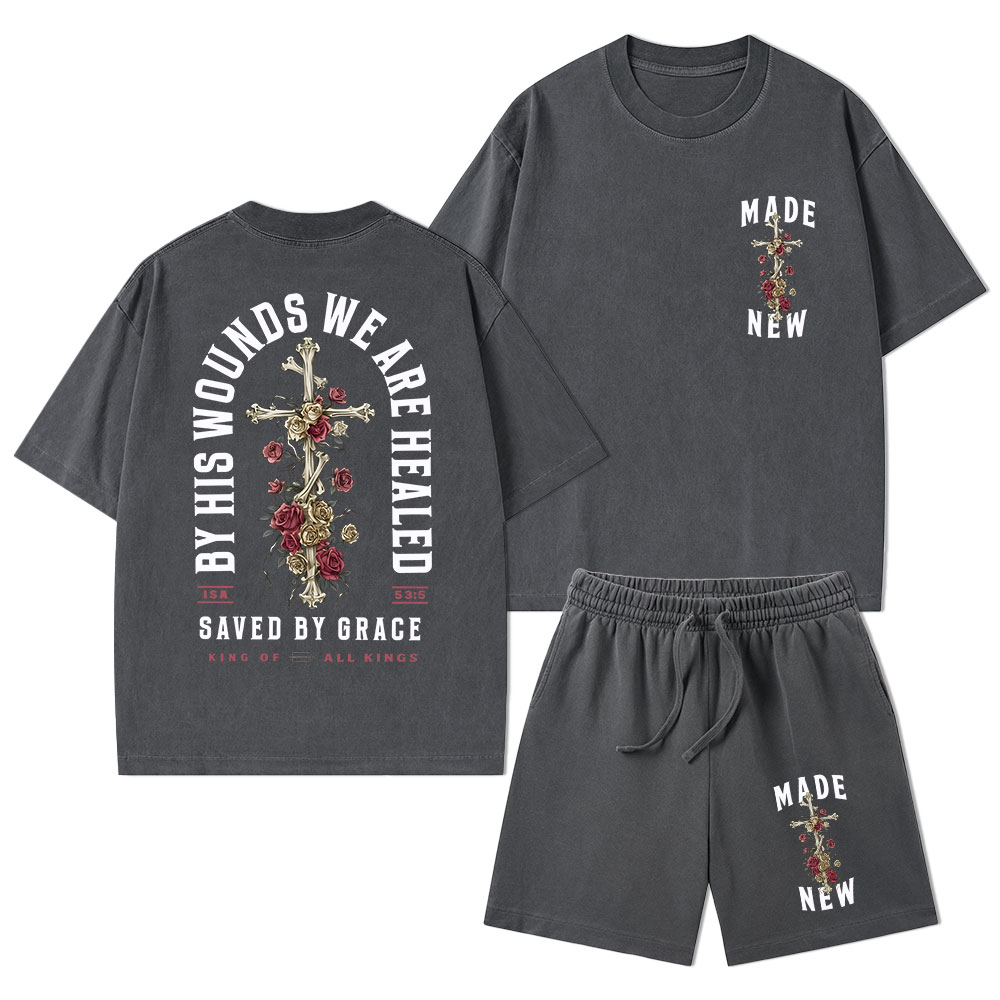 By His Wounds We Are Healed Christian Washed T-Shirt & Shorts