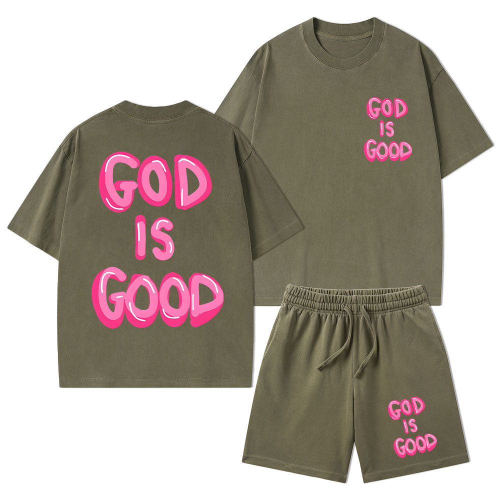 God Is Good Christian Washed T-Shirt & Shorts