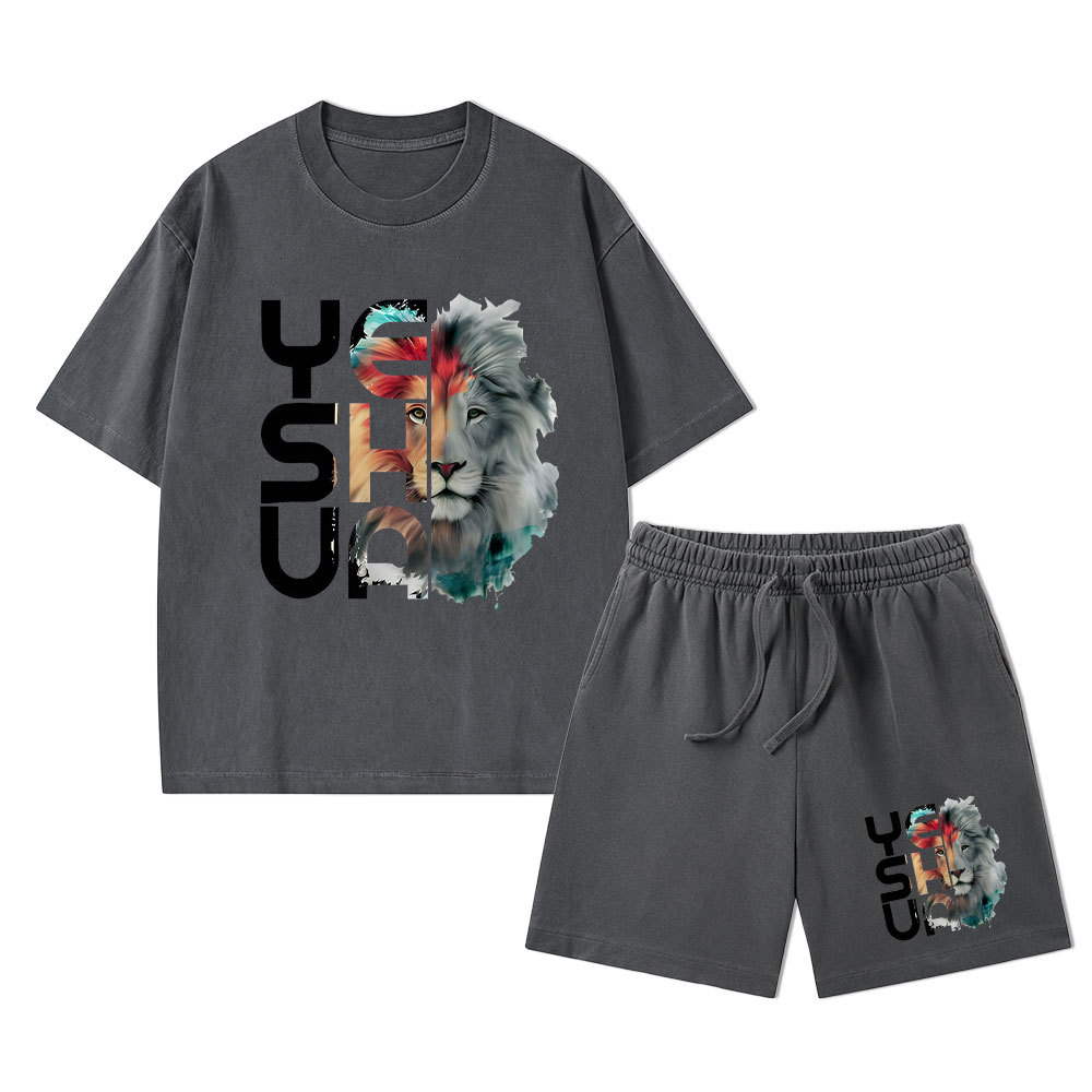 Lion And Yeshua Christian Washed T-Shirt & Shorts