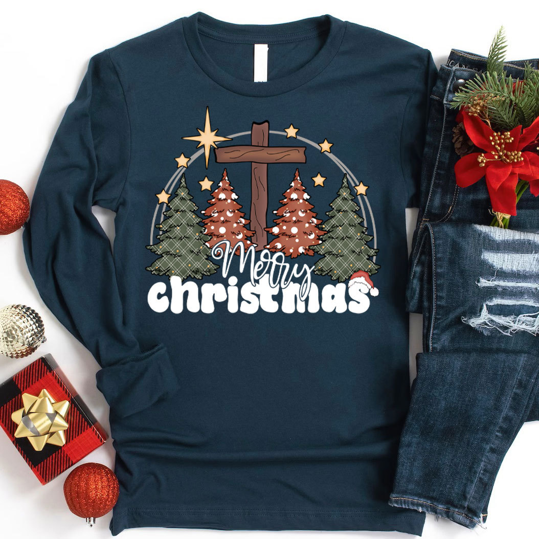 Merry Christmas Cross Long Sleeve T-Shirt
