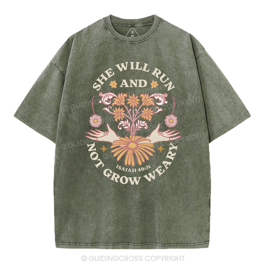 She Will Run And Not Grow Weary Christian Washed T-Shirt Sale - GuidingCross