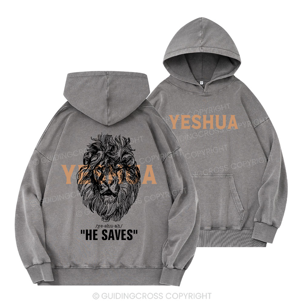Yeshua He Saves Lion Christian Washed Hoodie 