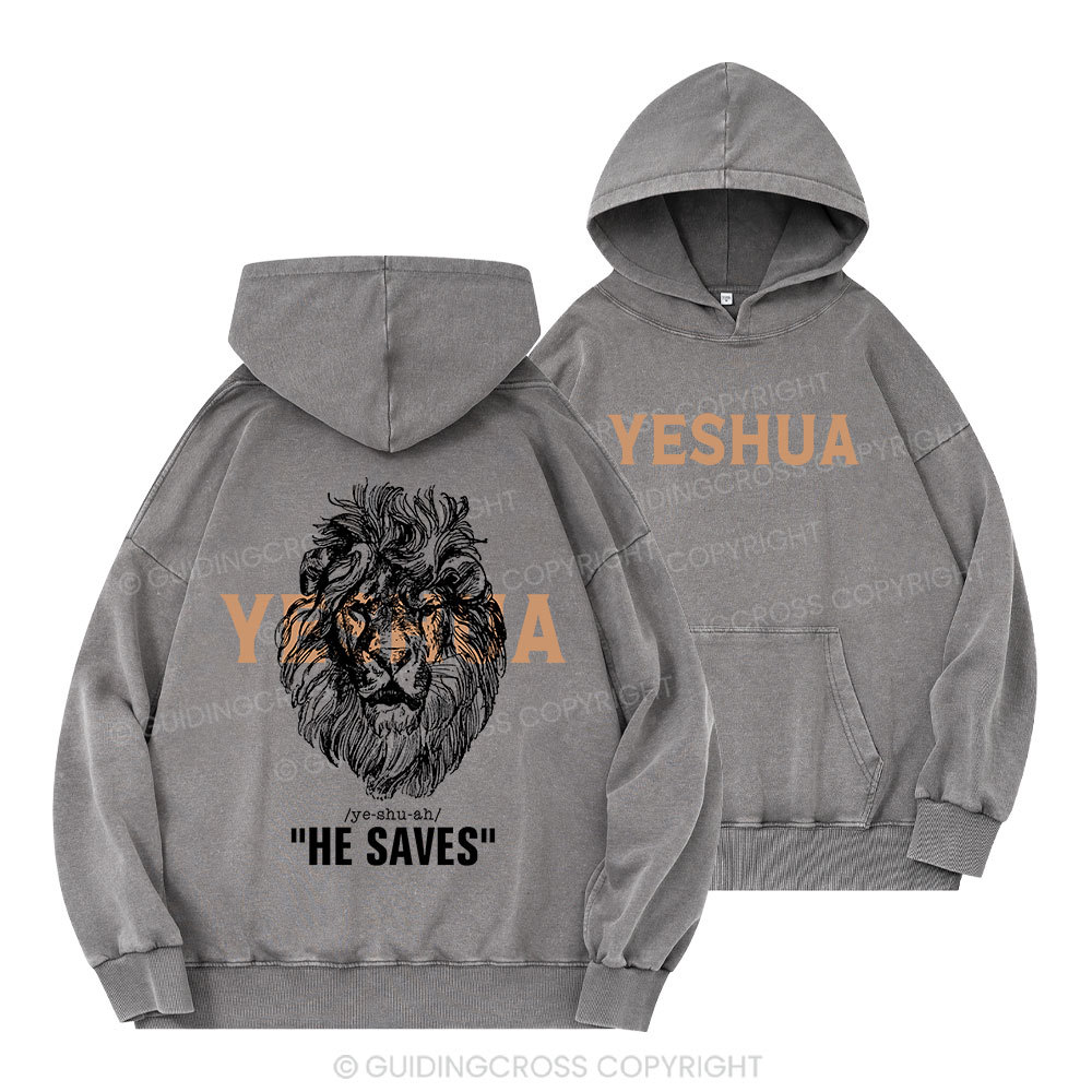 Yeshua He Saves Lion Christian Washed Hoodie 