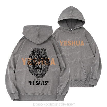 Yeshua He Saves Lion Christian Washed Hoodie 