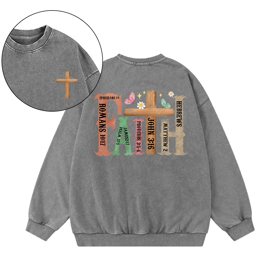 Retro Faith Cross Christian Washed Sweatshirt
