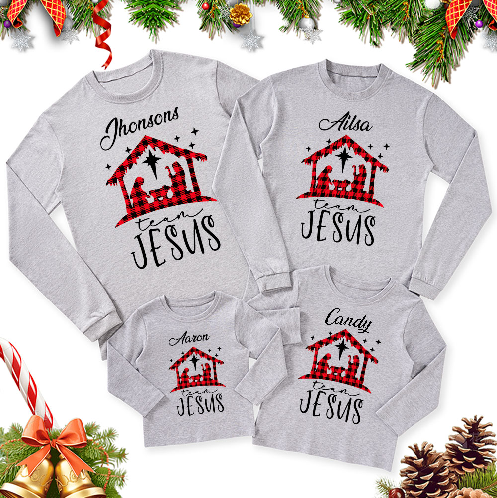 Personalized Buffalo Plaid Nativity Christmas Family Matching Long Sleeve T-Shirt