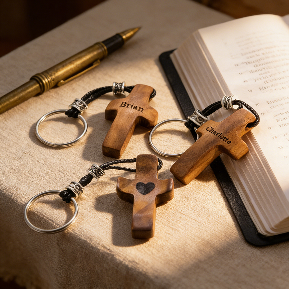 Personalized Christian Walnut Wood Cross Keychain & Handheld Prayer Piece