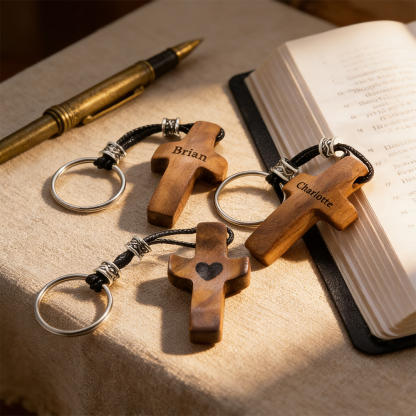Personalized Christian Walnut Wood Cross Keychain & Handheld Prayer Piece