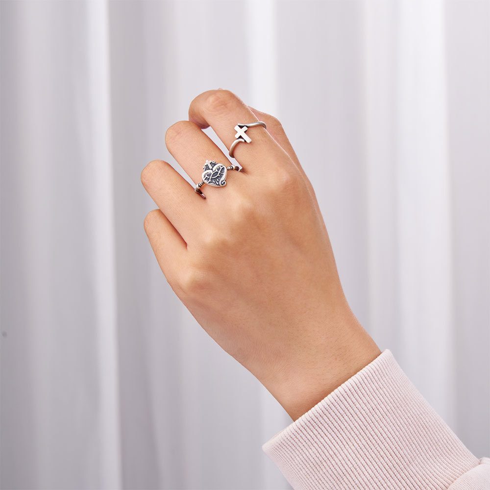 Double Cross Sacred Heart Rosary Christian 925 Sterling Silver Ring