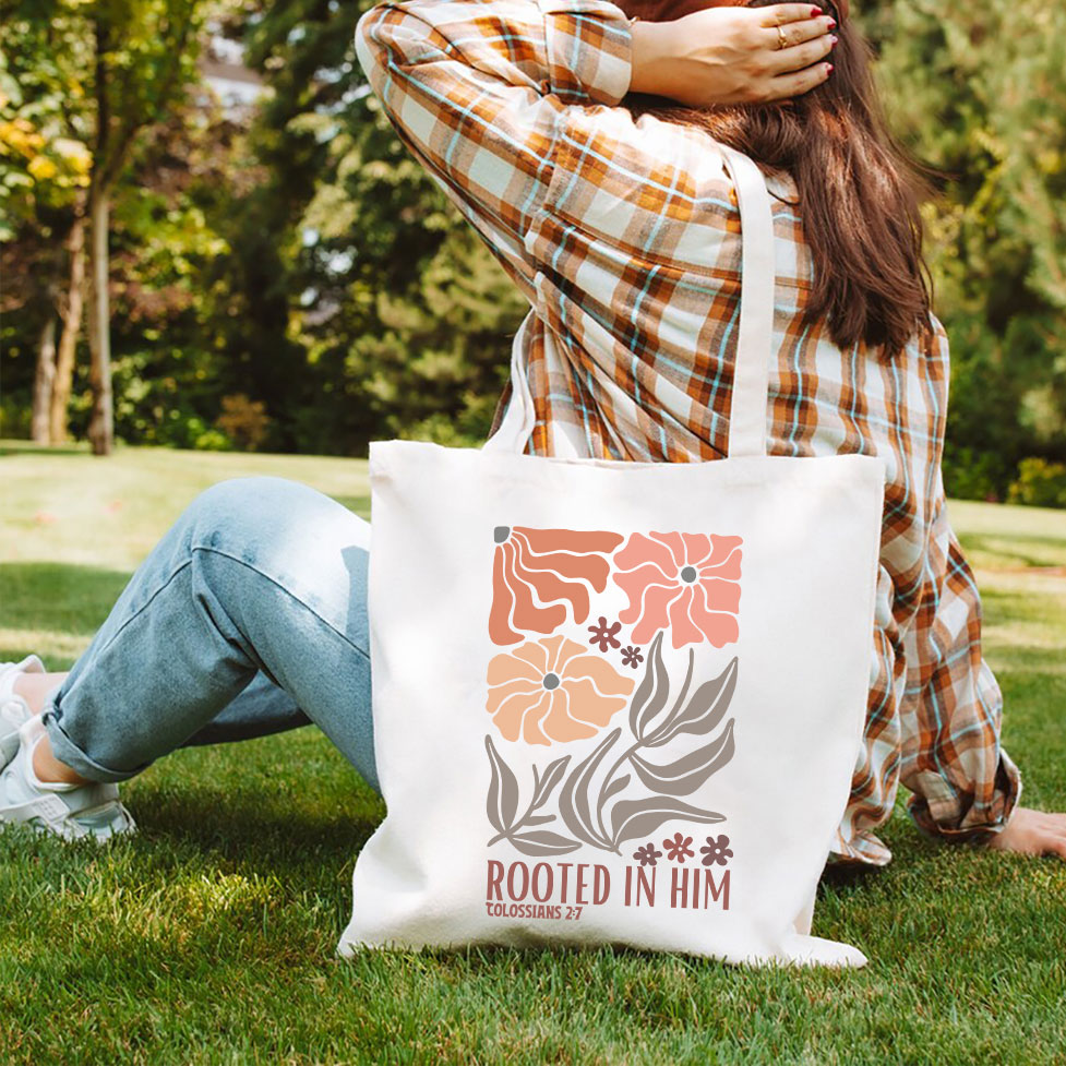 Rooted In Him Christian Canvas Tote Bag