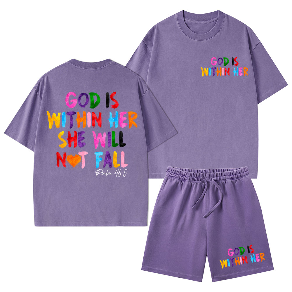 God Is Within Her She Will Not Fall Christian Washed T-Shirt & Shorts