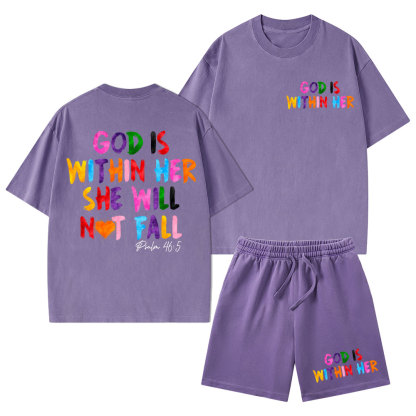 God Is Within Her She Will Not Fall Christian Washed T-Shirt & Shorts