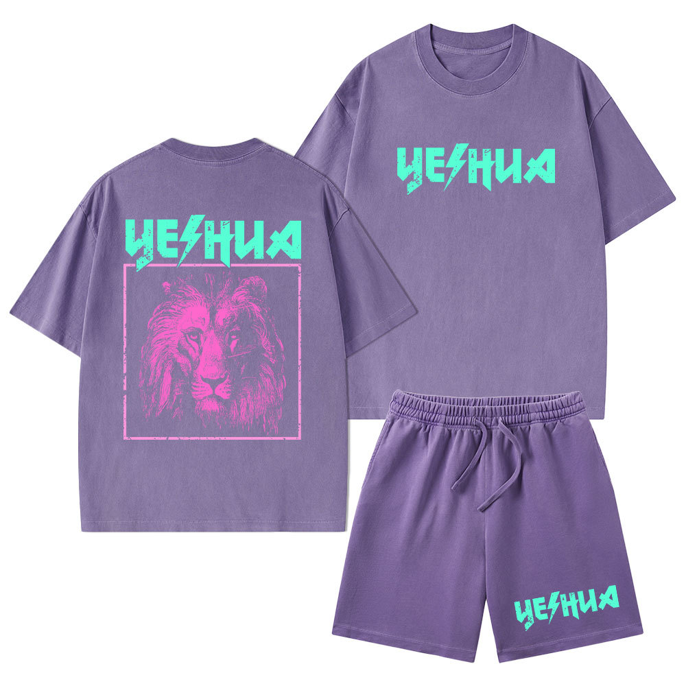Retro Lion Yeshua Christian Washed T-Shirt & Shorts