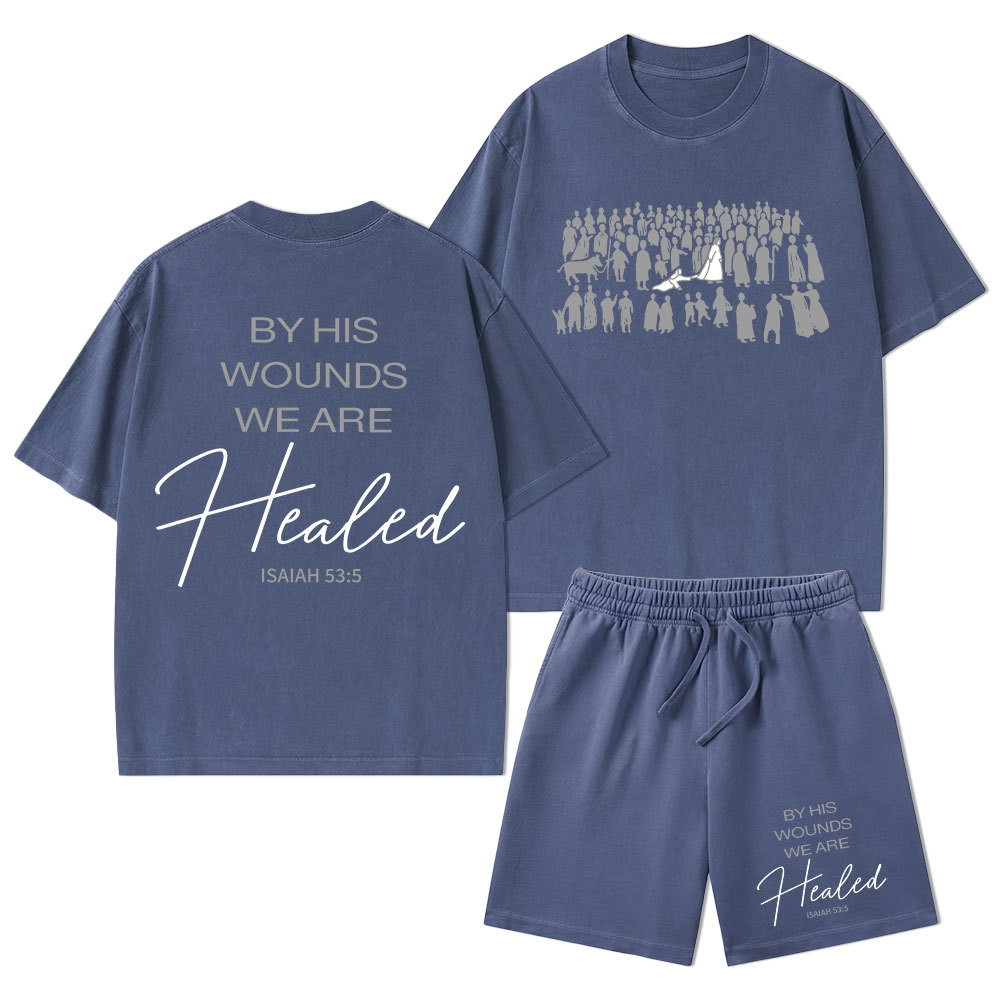 By His Wounds Christian Washed T-Shirt & Shorts