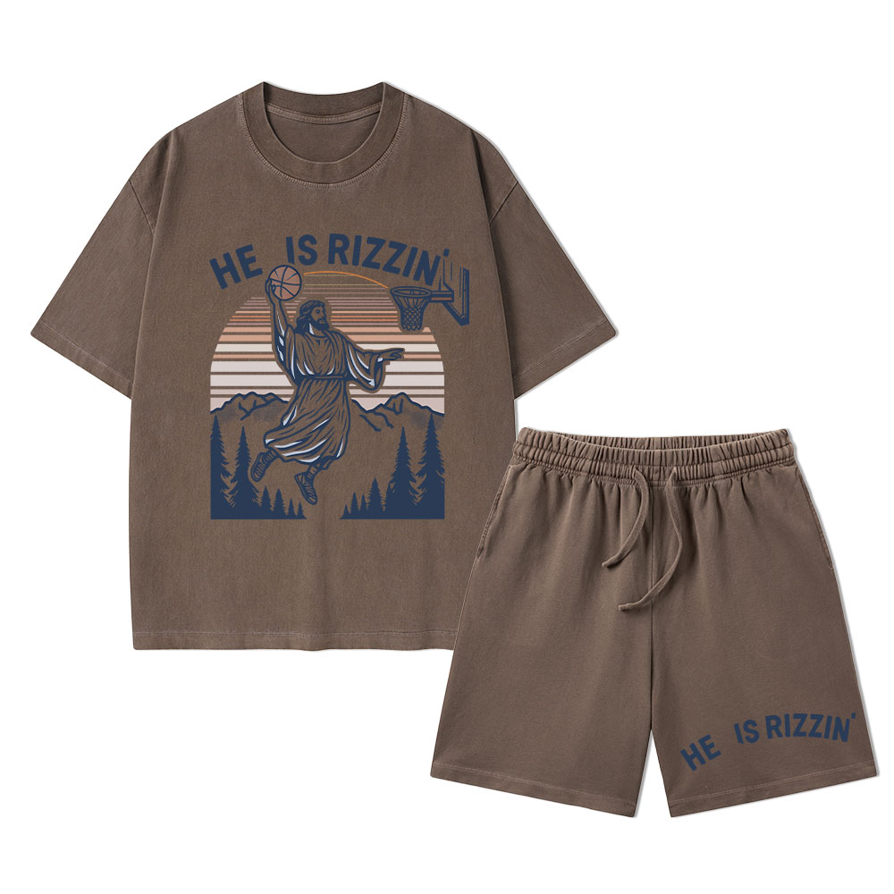 He Is Rizzen Christian Washed T-Shirt & Shorts