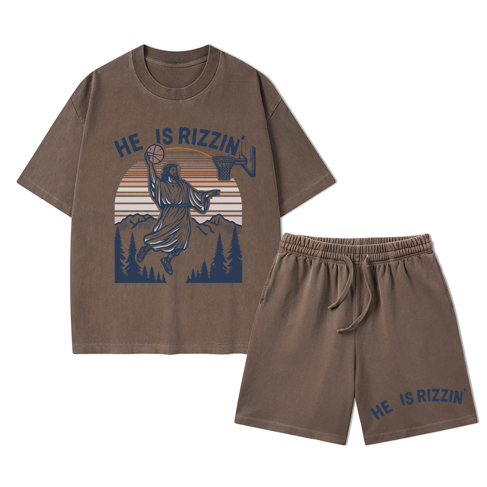 He Is Rizzen Christian Washed T-Shirt & Shorts