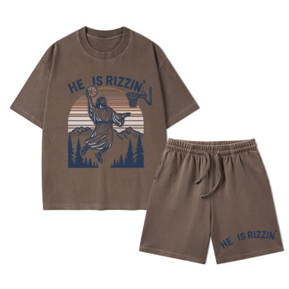 He Is Rizzen Christian Washed T-Shirt & Shorts