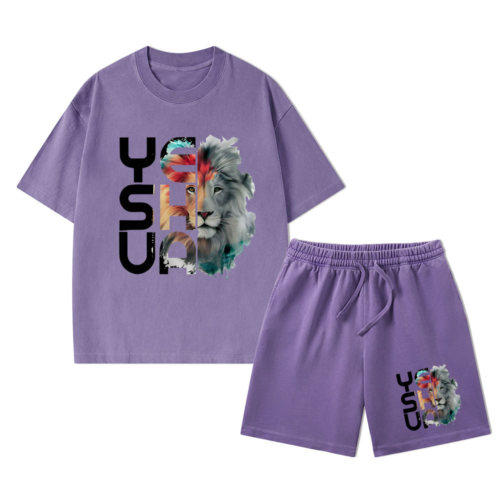 Lion And Yeshua Christian Washed T-Shirt & Shorts