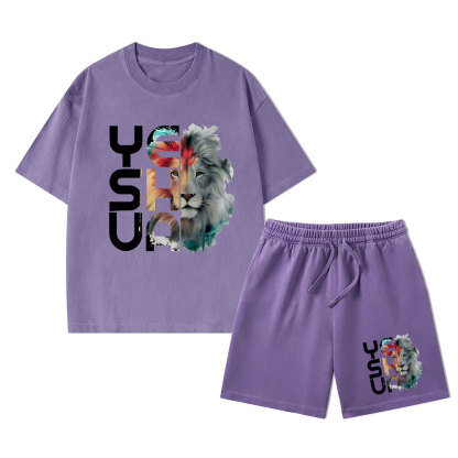 Lion And Yeshua Christian Washed T-Shirt & Shorts