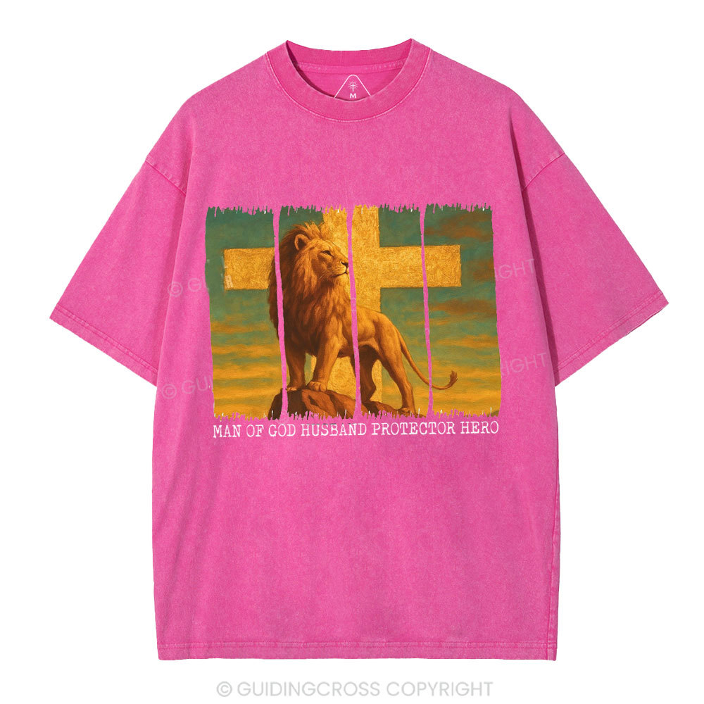 Man Of God Husband Protector Hero Christian Washed T-Shirt