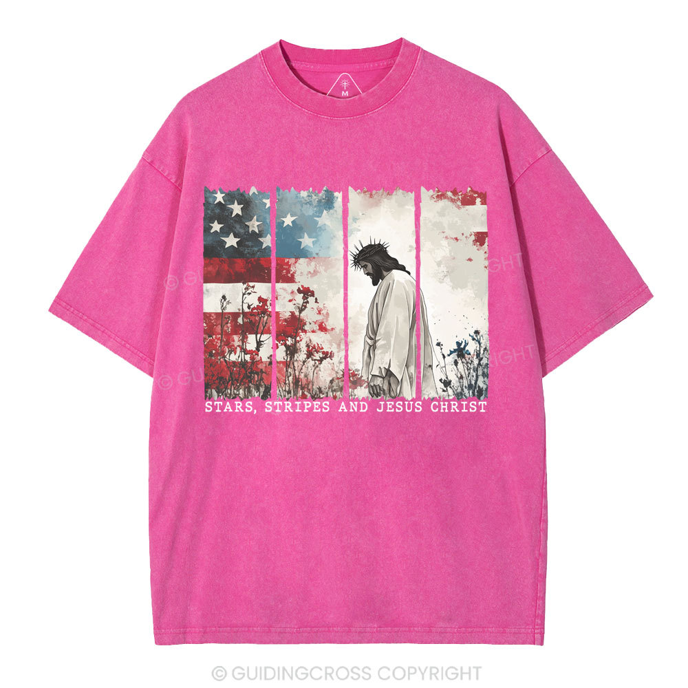 Star Stripes And Jesus Christ Christian Washed T-Shirt