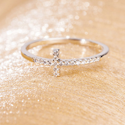 Single Row Diamond Cross Christian Ring