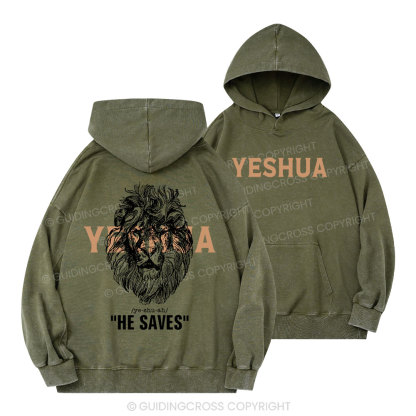 Yeshua He Saves Lion Christian Washed Hoodie 
