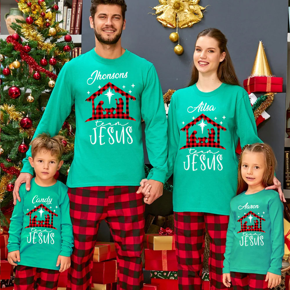 Personalized Buffalo Plaid Nativity Christmas Family Matching Long Sleeve T-Shirt