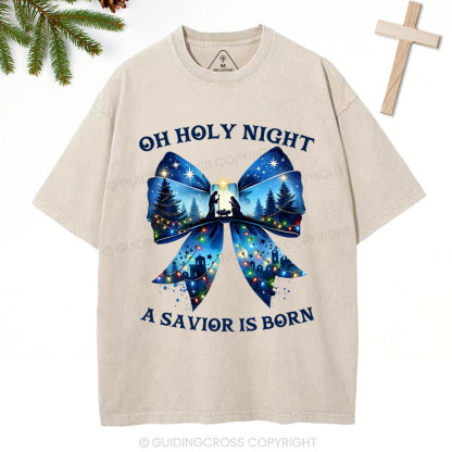 Oh Holy Night Nativity Coquette Christian Christmas Washed T-Shirt