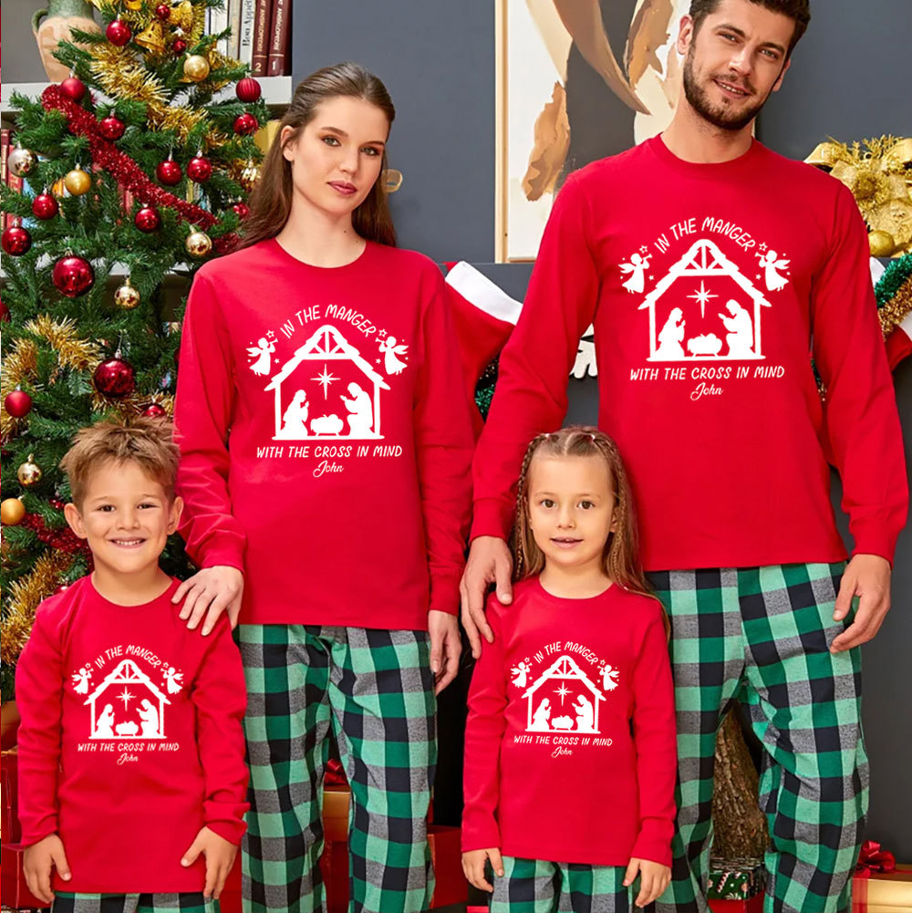 Personalized In The Manger With The Cross In Mind Christmas Family Matching Long Sleeve T-Shirt