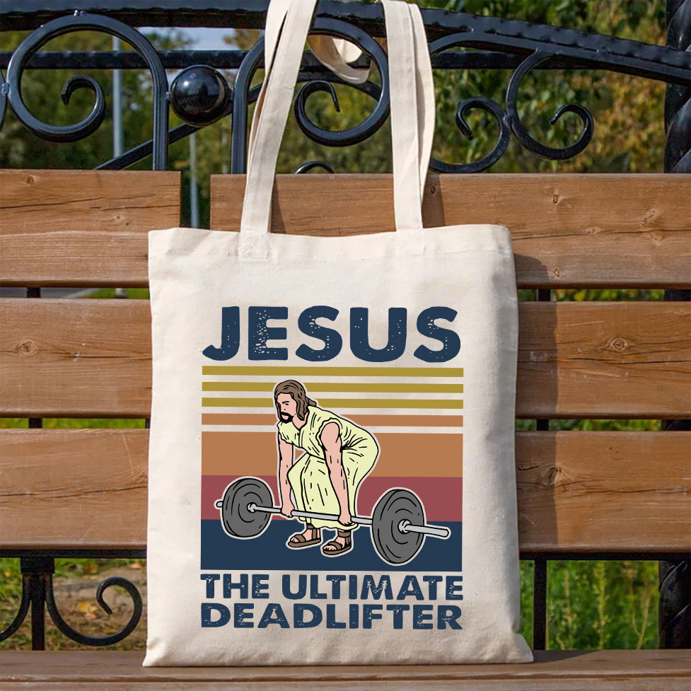 Jesus The Ultimate Deadlifter Vintage Christian Canvas Tote Bag