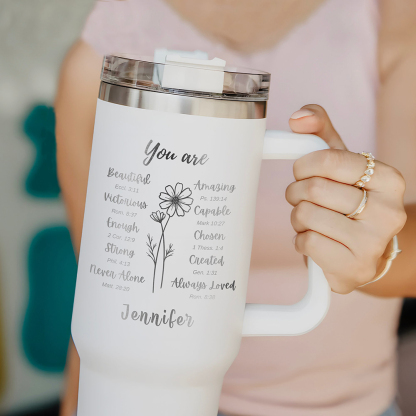 Personalized Bible Verse With Birth Flower Matthew 28:20 Romans 8:38 40OZ Tumbler