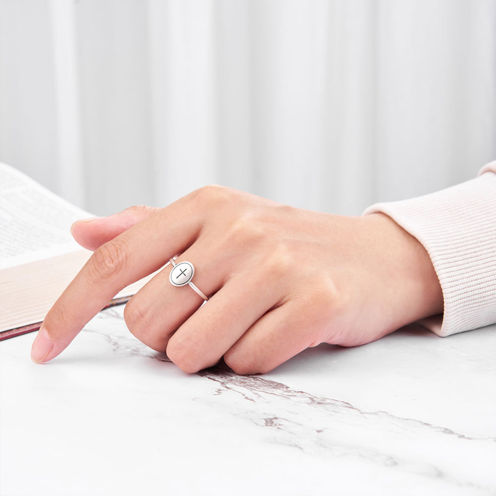 Oval Cross Christian 925 Sterling Silver Ring