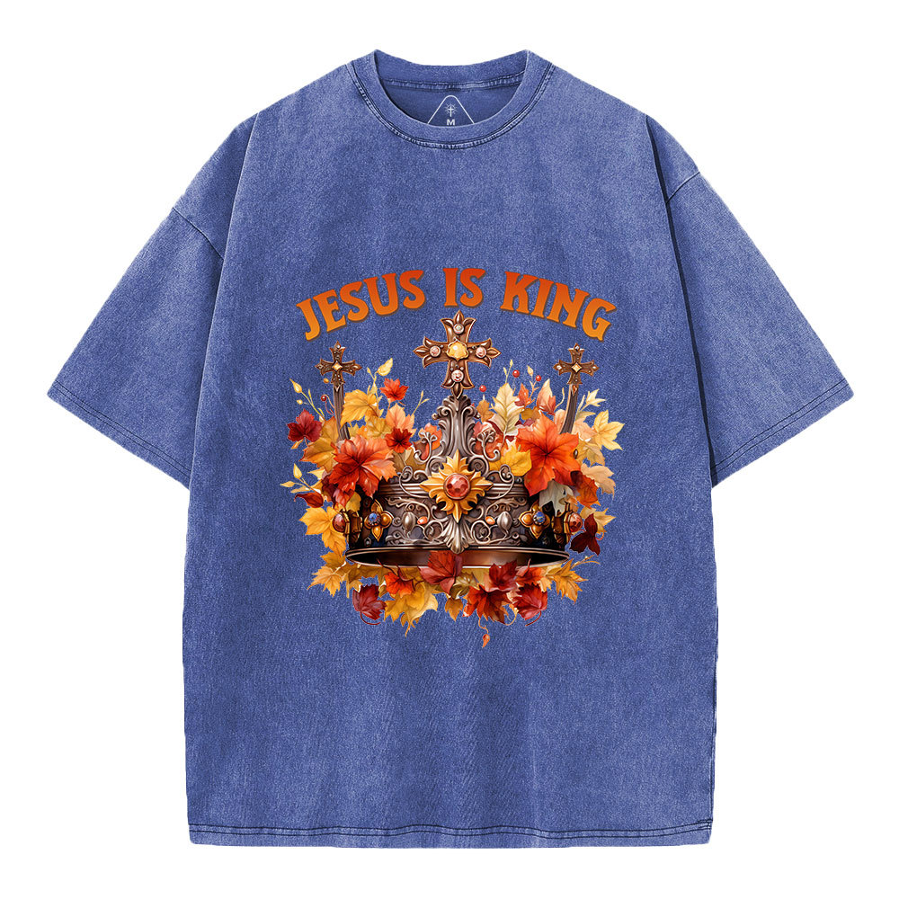Jesus-Is-King-Autumn-Faith-Christian-Washed-T-Shirt-Blue+