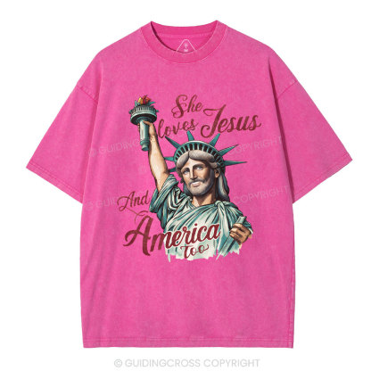 She Loves Jesus And America Christian Washed T-Shirt